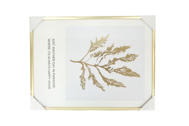 Cuadro decorativo canvas hoja de árbol 45x60 cm Concepts, primer plano del diseño dorado con texto en inglés