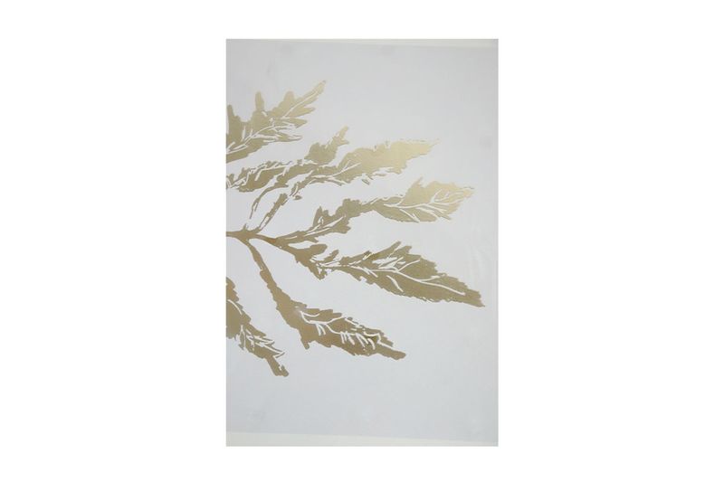 Cuadro decorativo canvas hoja de árbol 45x60 cm Concepts, primer plano del diseño de hoja en color dorado sobre fondo blanco