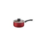 Olla París Tramontina de 18 cm, color rojo con tapa de vidrio y mango negro en vista lateral