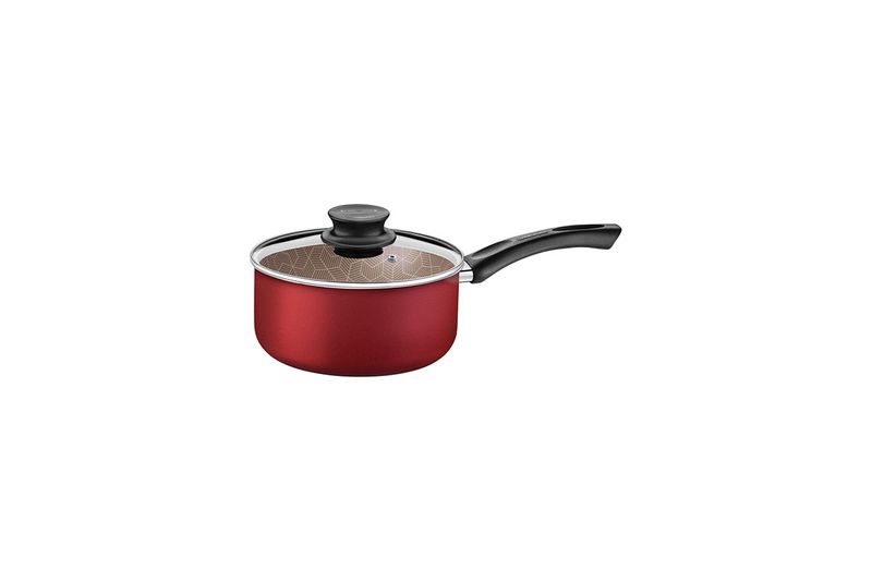 Olla París Tramontina de 18 cm, color rojo con tapa de vidrio y mango negro en vista lateral