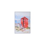 Cuadro decorativo 52 x 72 cm Concepts, ilustración de una cabaña roja y silla de playa frente al mar con marco blanco