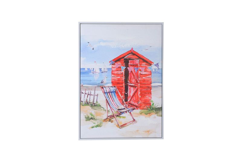 Cuadro decorativo 52 x 72 cm Concepts, ilustración de una cabaña roja y silla de playa frente al mar con marco blanco