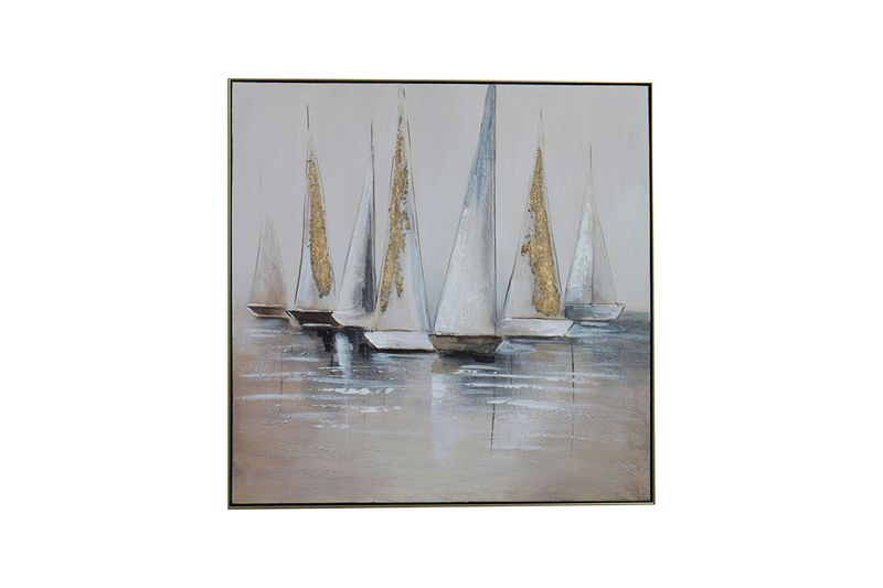 Cuadro decorativo de 82 cm Concepts, pintura de veleros blancos y detalles dorados sobre fondo gris con marco negro