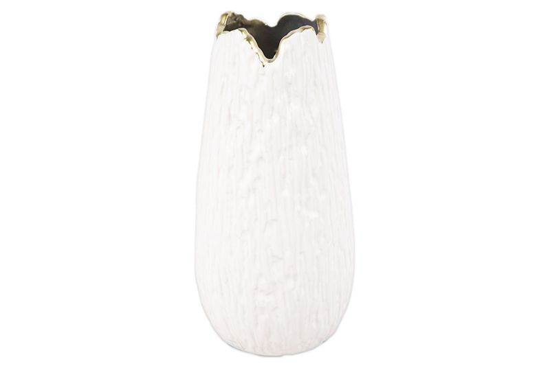 Florero decorativo 12 x 25 cm Concepts, vista frontal del cuerpo blanco texturizado y borde superior dorado irregular