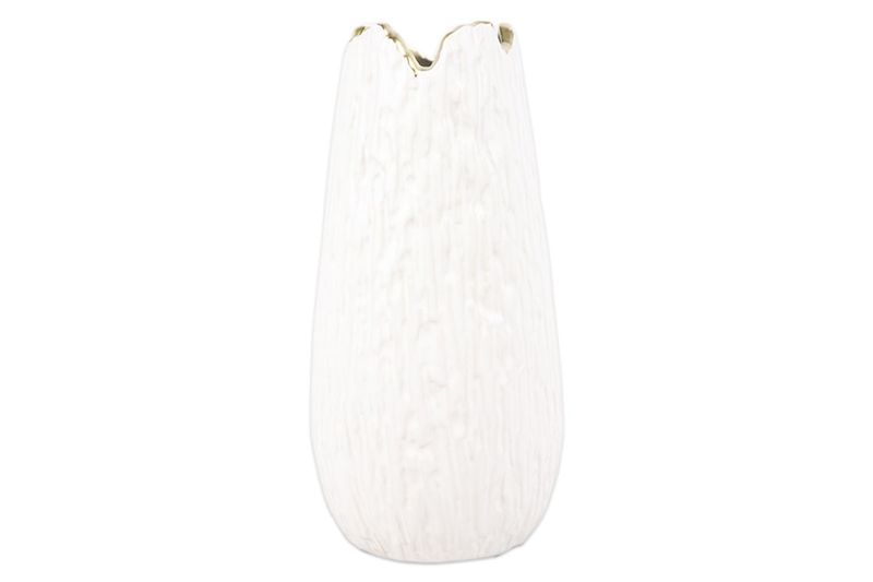 Florero decorativo 12 x 25 cm Concepts, vista frontal del cuerpo blanco con textura y borde superior dorado