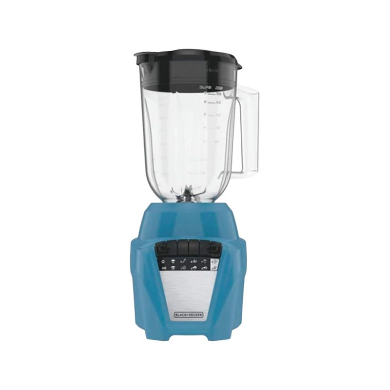 Licuadora vaso plástico 1.65 L 8 velocidades azul Black+Decker, vista frontal completa con vaso transparente y tapa negra