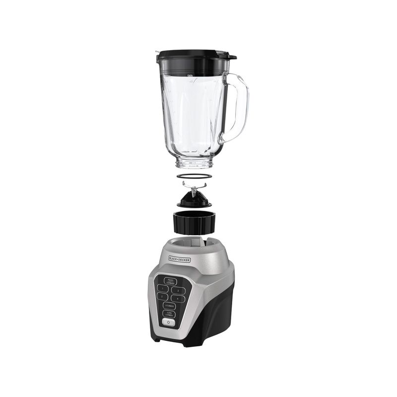 Licuadora vaso vidrio 1.5 L 700 W Black+Decker, vista frontal despiezada mostrando el vaso, la cuchilla y la base