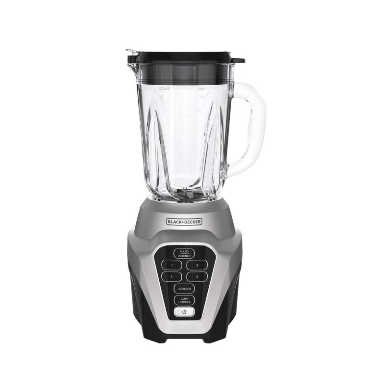 Licuadora vaso vidrio 1.5 l 700 W Black+Decker, vista frontal del equipo en color gris con vaso de vidrio transparente