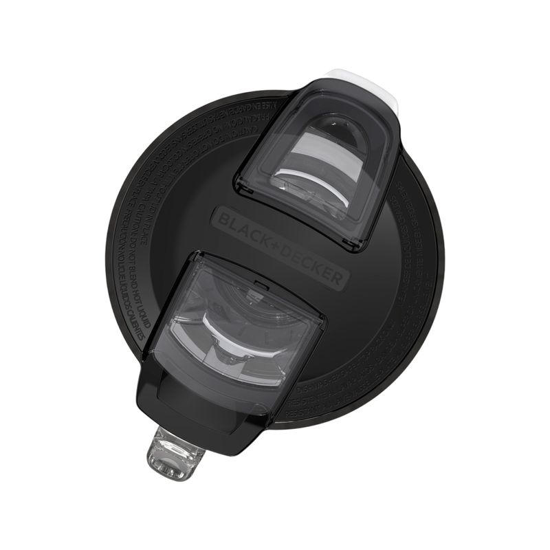 Licuadora vaso vidrio 1.5 l 700 W Black+Decker, vista superior de la tapa negra con el logo de la marca