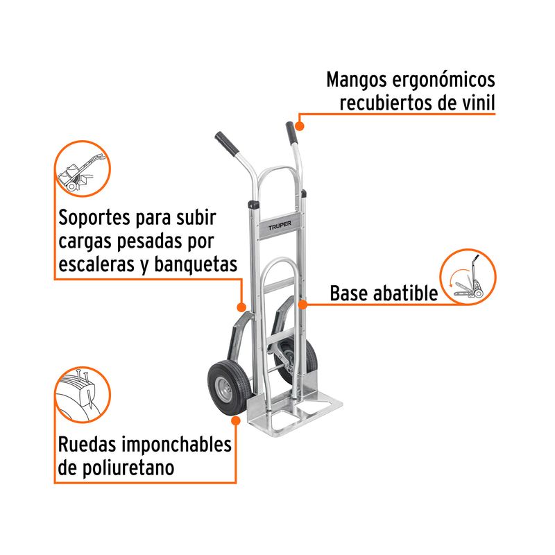 Carretilla para bulto llanta sólida Truper de 250 kg con extensión de base, gráfico con detalles de sus características