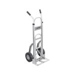 Carretilla para bulto llanta sólida Truper de 250 kg con extensión de base, vista frontal en aluminio con mangos negros