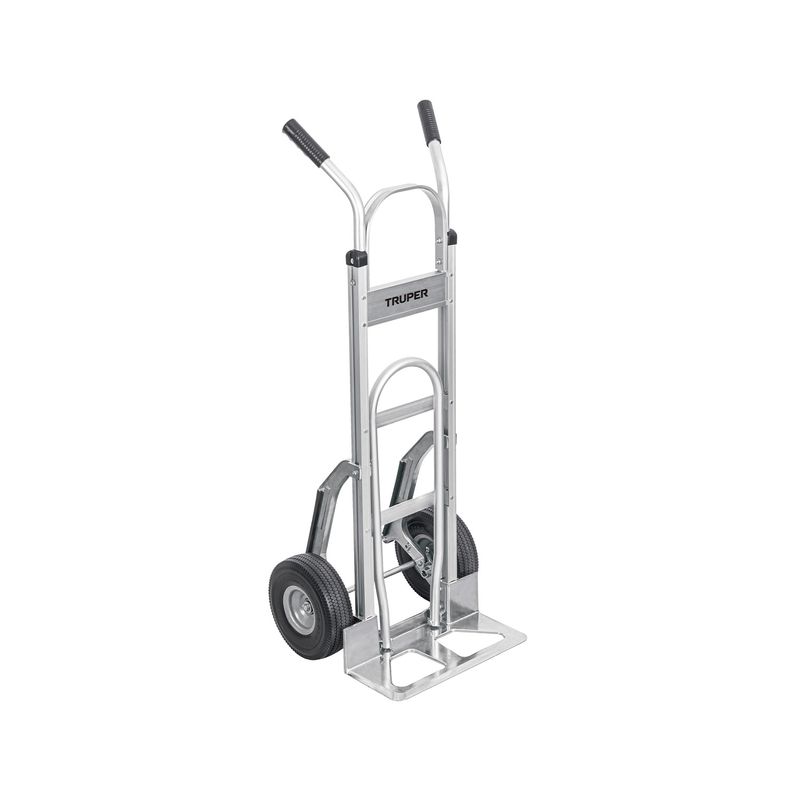 Carretilla para bulto llanta sólida Truper de 250 kg con extensión de base, vista frontal en aluminio con mangos negros