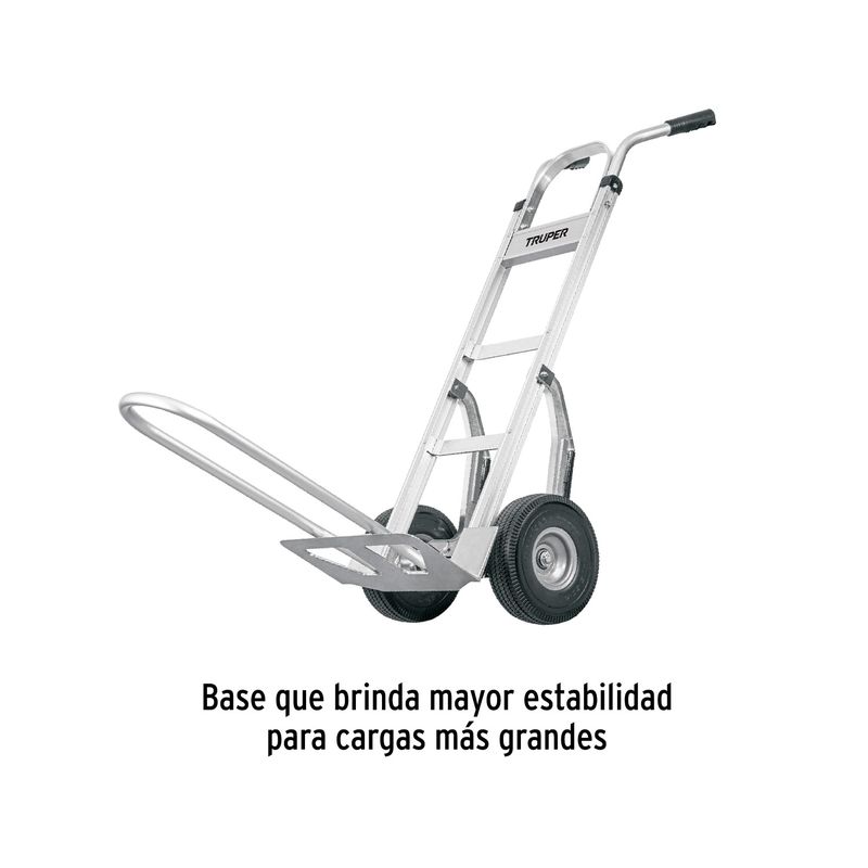 Carretilla para bulto llanta sólida Truper de 250 kg con extensión de base, vista lateral resaltando la base extendida