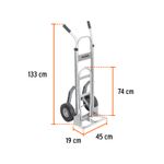 Carretilla para bulto llanta sólida Truper de 250 kg con extensión de base, gráfico con medidas de altura y ancho