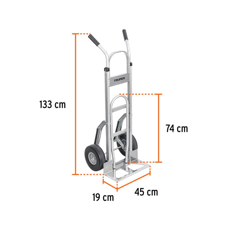Carretilla para bulto llanta sólida Truper de 250 kg con extensión de base, gráfico con medidas de altura y ancho