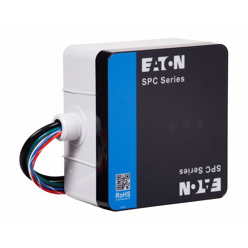Supresor de pico 3F tipo 1 SPC 100 kA 120/208V estrella NEMA 4X Eaton, vista en ángulo con cables conectados al lateral