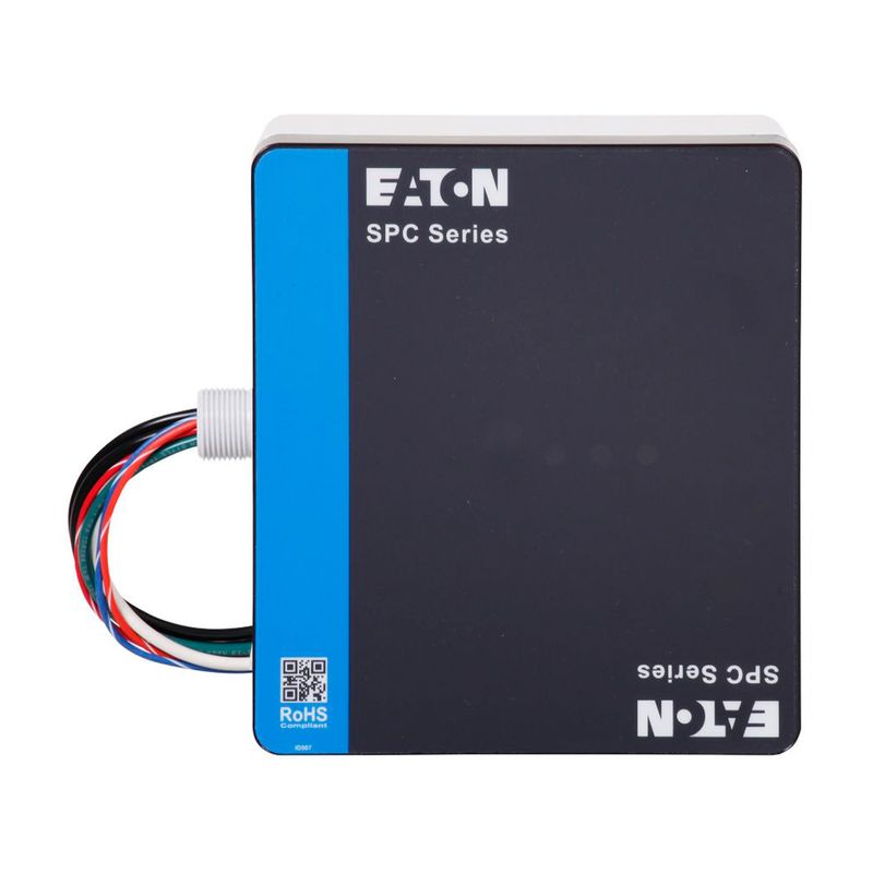 Supresor de pico 3F tipo 1 SPC 120 kA 277/480V estrella NEMA 4X Eaton, vista frontal del equipo negro con cables}