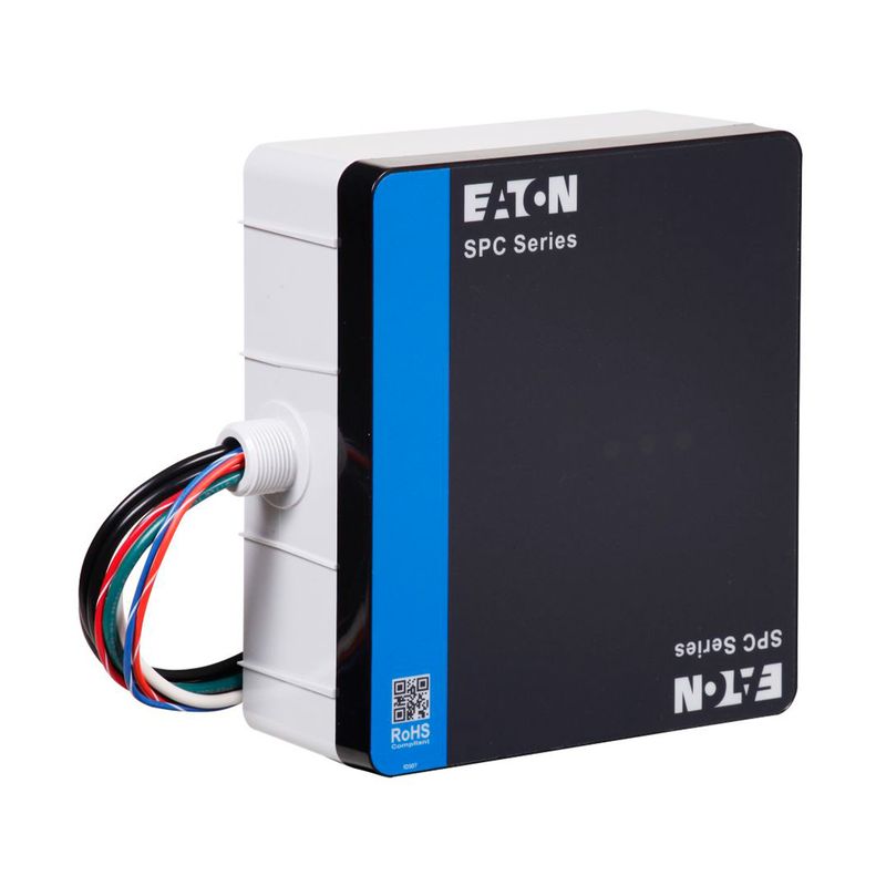 Supresor de pico 3F tipo 1 SPC 160 kA 480V Delta NEMA 4X Eaton, vista frontal con cables conectados y logo invertido