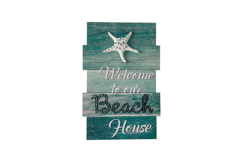 Placa decorativa de pared 39 x 58 cm Concepts, diseño de madera turquesa con estrella de mar blanca y texto Welcome to our