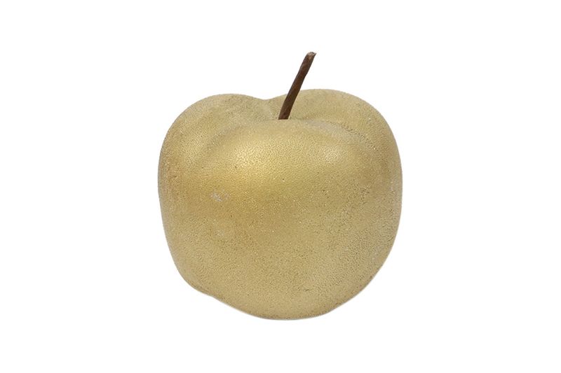 Figura decorativa manzana 12 cm Concepts, primer plano frontal de la manzana en color dorado con tallo marrón