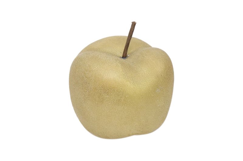 Figura decorativa manzana 12 cm Concepts, vista frontal de la pieza en color dorado con textura granulada y tallo café