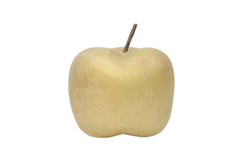 Figura decorativa manzana 12 cm Concepts, primer plano frontal de la pieza en color dorado con textura granulada