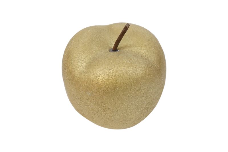 Figura decorativa manzana 12 cm Concepts, vista superior que resalta el tallo marrón y la textura granulada dorada
