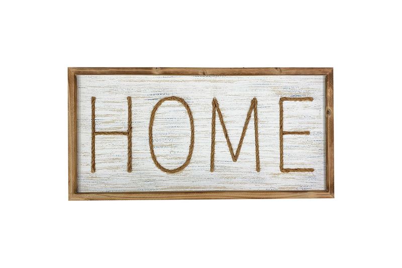 Placa decorativa de pared Home 60 x 30 cm Concepts, frente con fondo blanco desgastado y letras de cuerda café