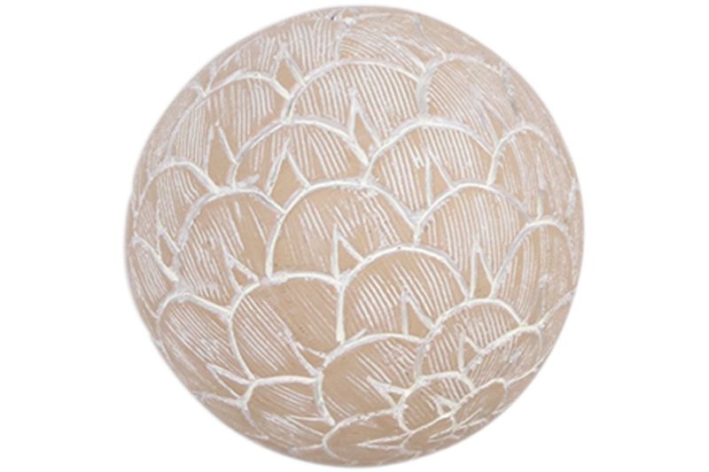 Esfera decorativa de 8.5 cm Concepts, primer plano del grabado con patrones lineales y relieves blancos