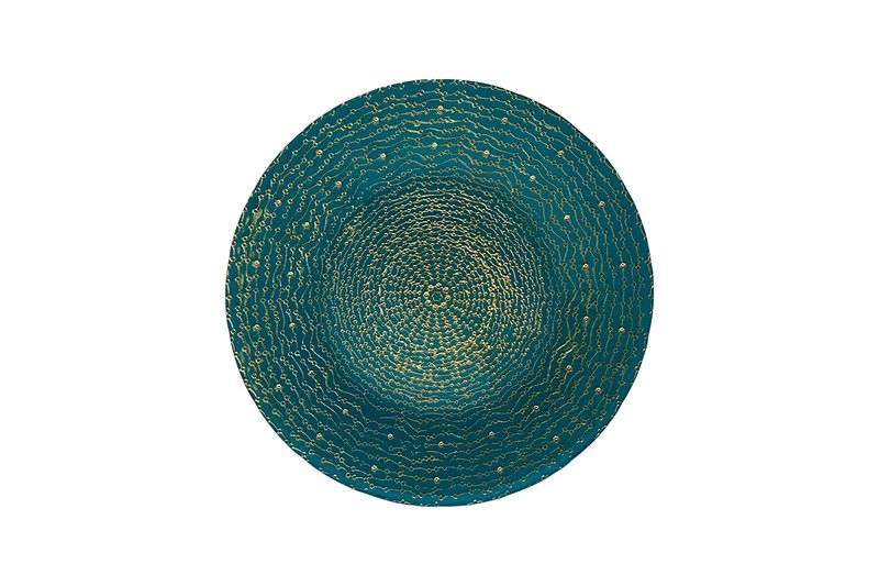 Centro de mesa decorativo 33 cm Concepts, vista cenital del plato circular color verde con detalles dorados