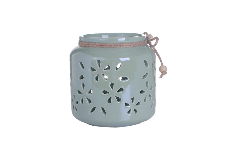 Linterna decorativa dolomita gris 14x14 cm Concepts, detalle del cordón de yute con cuenta de madera en el borde
