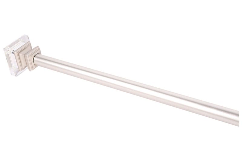 Cortinero 48x86 1 pulgada Linser Rods Silver CHD Home, primer plano del soporte con terminal de cristal transparente
