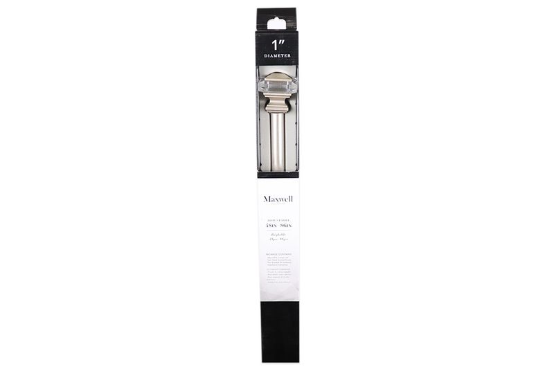 Cortinero 48 x 86 1 pulgada Linser Rods silver CHD Home, empaque largo y estrecho con el producto visible y marca Maxwell