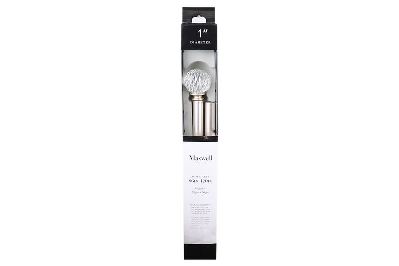 Cortinero 86 x 120 1 pulgada Nalya Rods silver CHD Home, empaque largo con visor que muestra el remate esférico brillante