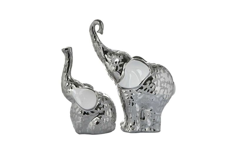 Juego de figuras de elefante mediano 2 piezas Concepts, dos figuras plateadas con detalles blancos en las orejas
