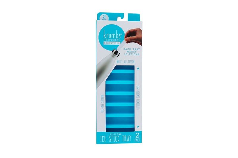 Molde para hielo rectangular celeste de 2 piezas Krumbs Kitchen, empaque frontal con ilustración del producto y uso