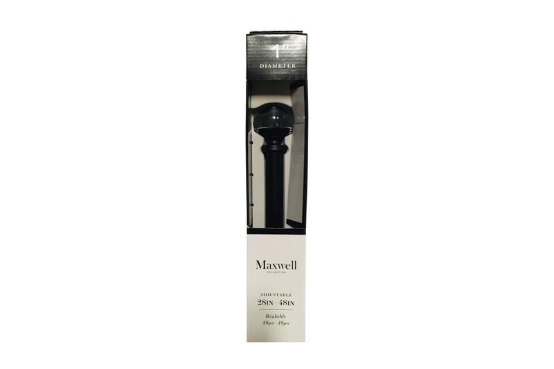 Cortinero 28x48 1 pulgada Bina Rods negro CHD Home, dentro de su empaque rectangular con detalles del producto