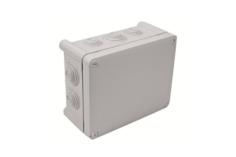 Caja plexo rectangular PVC Legrand de 180 x 140 x 86 mm, vista en perspectiva del equipo en color gris