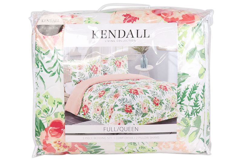 Juego de edredón estampado floral rojo Full/Queen 3 piezas Roshini CHD Home, empaque plástico con foto del producto armado