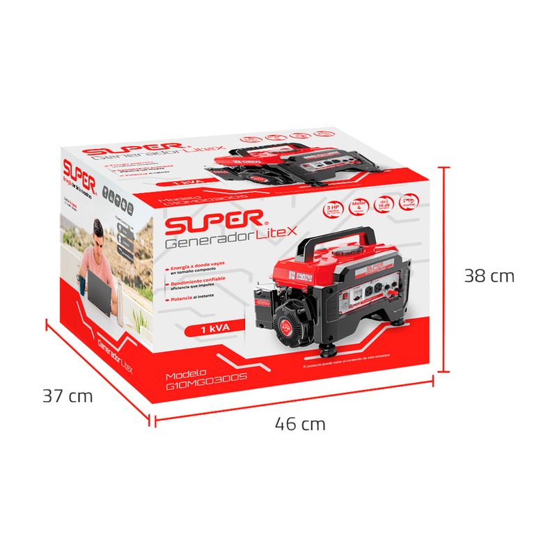 Generador 1 kVA 3 HP Super monofásico Super, caja de cartón blanca y roja con dimensiones del empaque indicadas