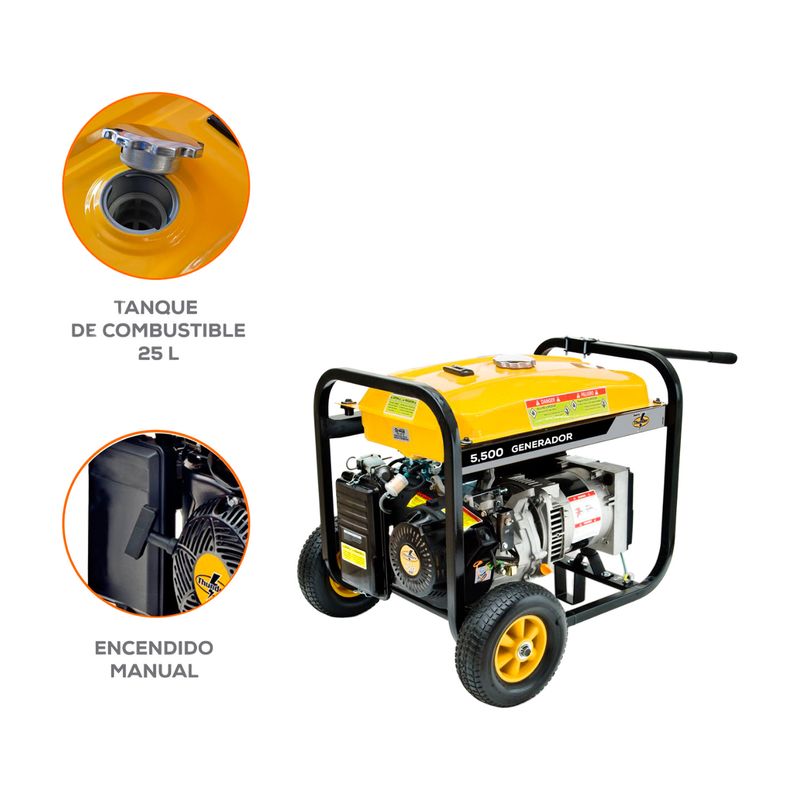 Generador 5.5 KVA 10 HP Thunder arranque manual Evans, vista general con acercamientos al tanque y encendido manual