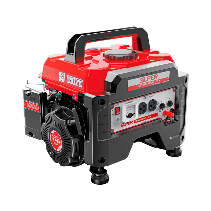 Generador 1 kVA 3 HP Super monofásico Super, vista diagonal del equipo en color rojo y negro con panel de control