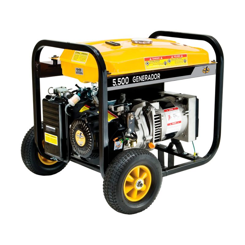 Generador 5.5 kVA 10 HP Thunder arranque manual Evans, vista frontal diagonal con chasis negro y tanque amarillo