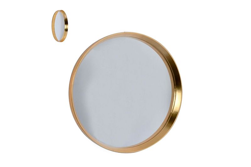 Espejo decorativo redondo con borde de 72.5 cm Concepts, vista frontal y detalle lateral del marco dorado