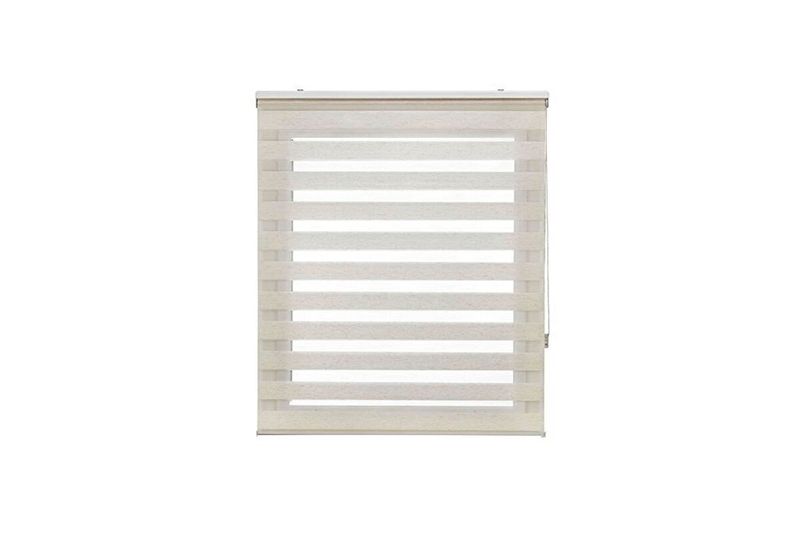 Cortina roller zebra 120 x 180 cm jaspe white New Space, vista frontal con franjas horizontales alternas desplegadas