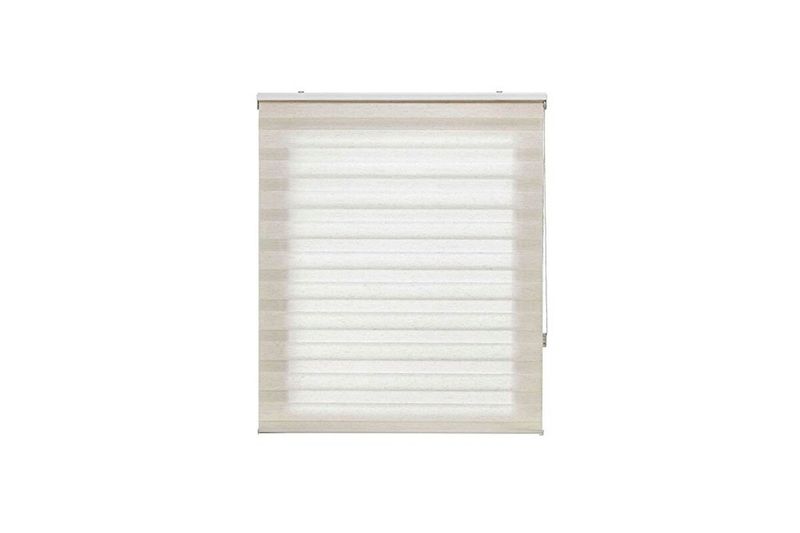Cortina roller zebra 120 x 180 cm jaspe white New Space, vista frontal extendida mostrando las franjas horizontales