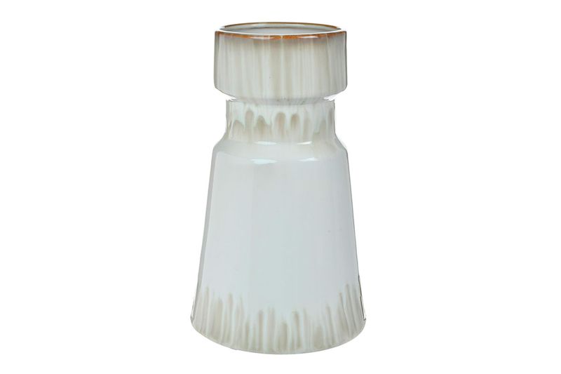 Florero decorativo 17x17x28 cm blanco Concepts, vista frontal con detalles en relieve y borde superior café