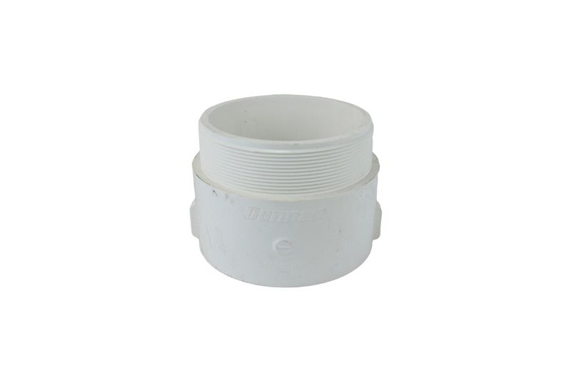 Adaptador PVC macho agua potable 6 pulgadas Durman, vista frontal del accesorio blanco con rosca exterior