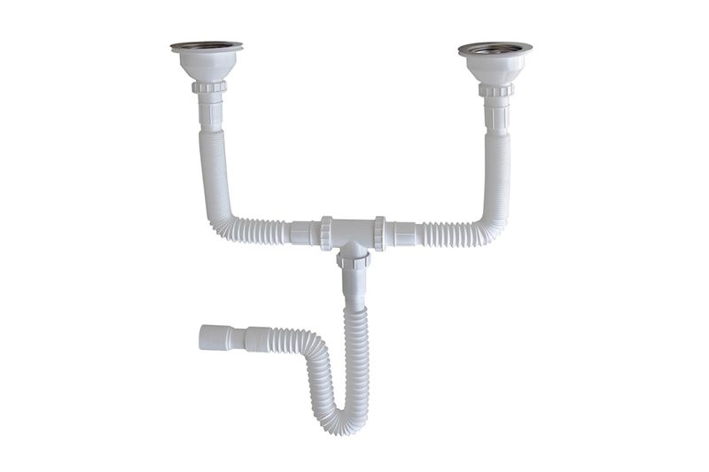 Trampa para pantry Miber de 1-1/2 pulgadas PVC flexible doble con canasta blanco, vista frontal del sistema completo