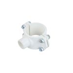 Silleta abrazadera PVC lisa 2" x 3/4" Durman, vista lateral que muestra los pernos metálicos de ajuste y el color blanco